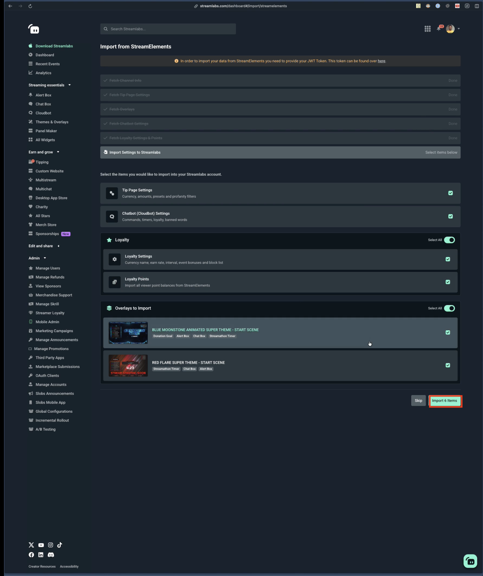 item selection for moving from streamelements to streamlabs